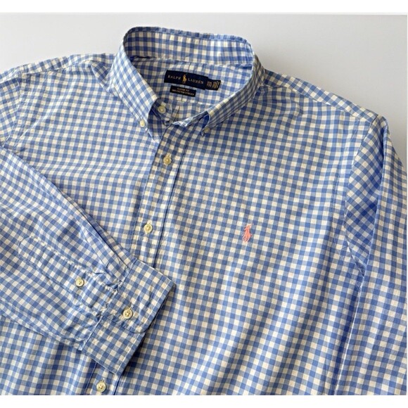 Ralph Lauren Mens Classic Fit Blue Gingham Long Sleeve Shirt XXL 100% Stretch - Picture 1 of 11